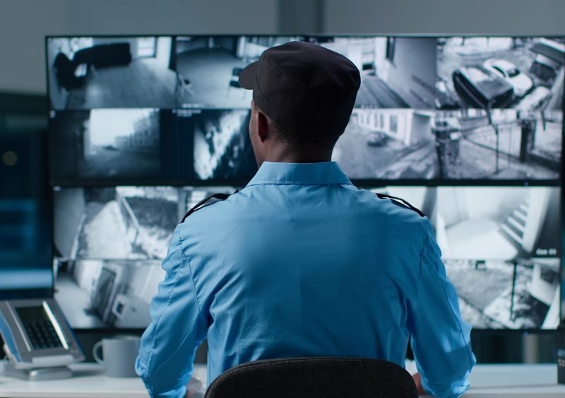 Back,View,Of,African-american,Security,Operator,Use,Computer,With,Screens