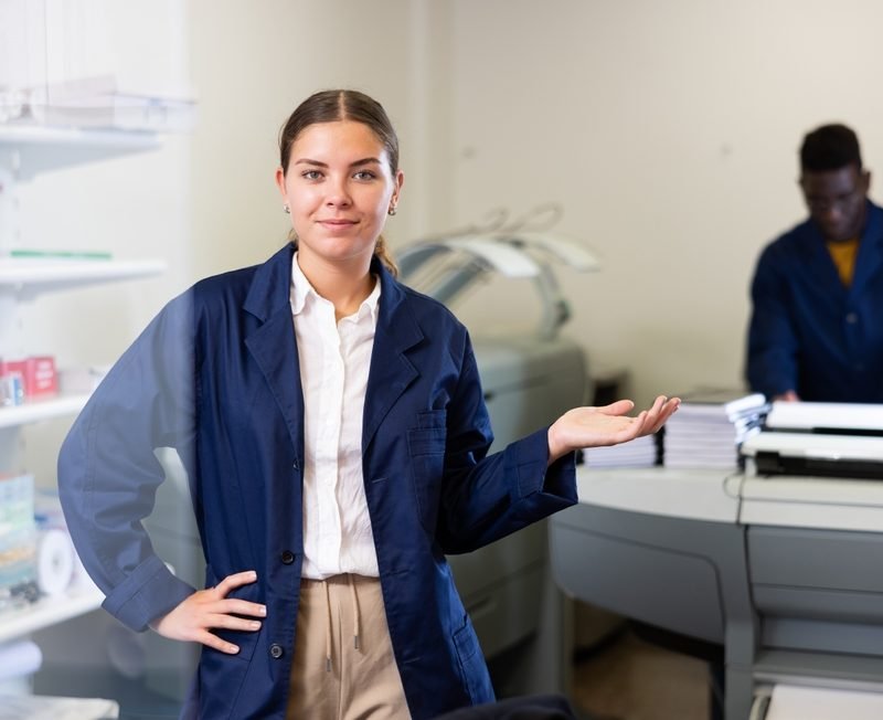 Happy,Young,Woman,In,Blue,Robe,Uniform,Sticking,Out,Her