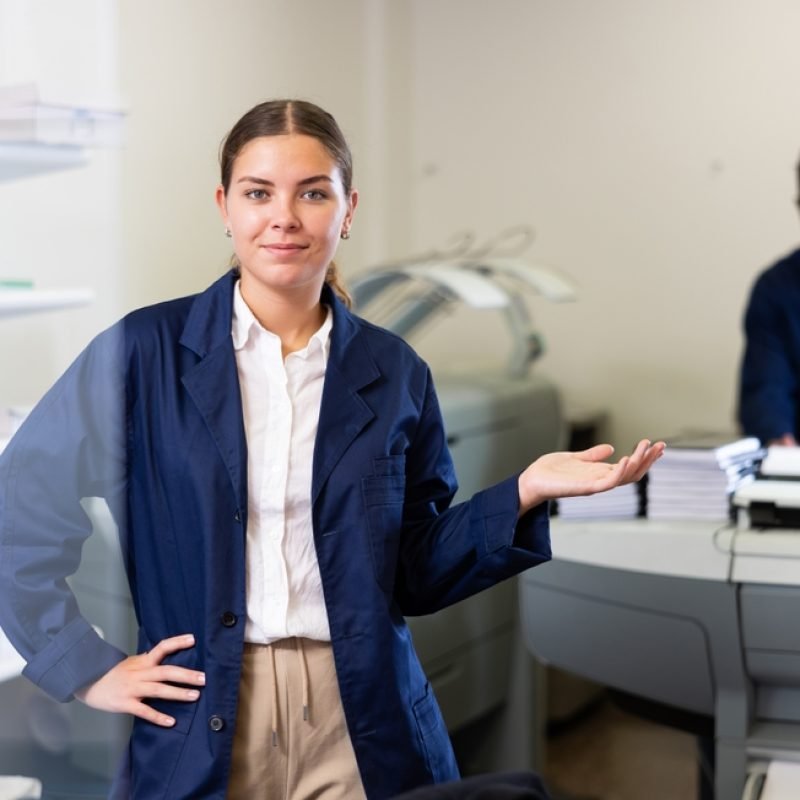 Happy,Young,Woman,In,Blue,Robe,Uniform,Sticking,Out,Her